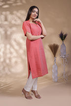 Pink Striped Straight Kurti with Sweetheart Neck and 3/4 Sleeves