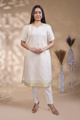 White Self-Textured motifs design Straight Kurti with Gold Border, Sweetheart Neck and 3/4 Sleeves