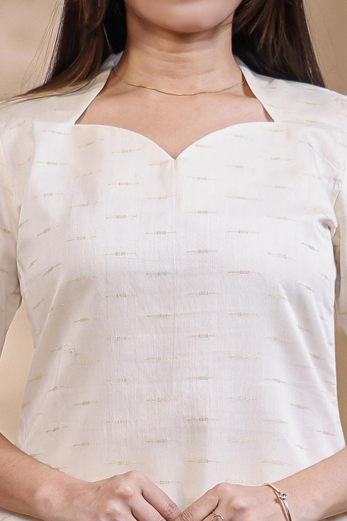 White Self-Textured motifs design Straight Kurti with Gold Border, Sweetheart Neck and 3/4 Sleeves