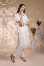 White Self-Textured motifs design Straight Kurti with Gold Border, Sweetheart Neck and 3/4 Sleeves