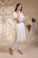 White Self-Textured motifs design Straight Kurti with Gold Border, Sweetheart Neck and 3/4 Sleeves