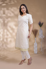 White Self-Textured motifs design Straight Kurti with Gold Border, Sweetheart Neck and 3/4 Sleeves