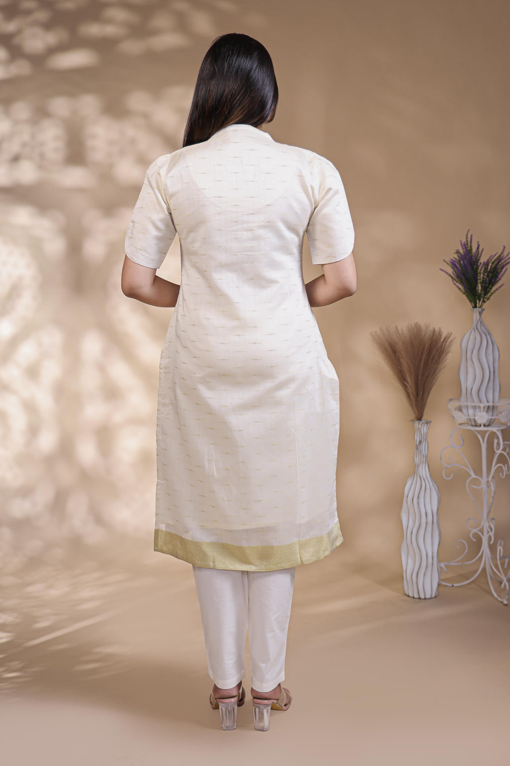 White Self-Textured motifs design Straight Kurti with Gold Border, Sweetheart Neck and 3/4 Sleeves