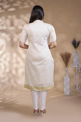 White Self-Textured motifs design Straight Kurti with Gold Border, Sweetheart Neck and 3/4 Sleeves