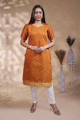 Orange Self-Textured motifs design Straight Kurti with Gold Border, Sweetheart Neck and 3/4 Sleeves