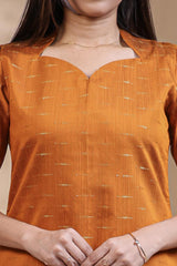 Orange Self-Textured motifs design Straight Kurti with Gold Border, Sweetheart Neck and 3/4 Sleeves