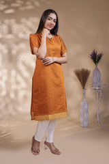 Orange Self-Textured motifs design Straight Kurti with Gold Border, Sweetheart Neck and 3/4 Sleeves