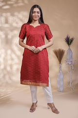 Red Self-Textured motifs design Straight Kurti with Gold Border, Sweetheart Neck and 3/4 Sleeves