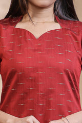 Red Self-Textured motifs design Straight Kurti with Gold Border, Sweetheart Neck and 3/4 Sleeves