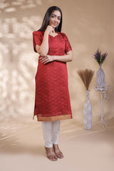 Red Self-Textured motifs design Straight Kurti with Gold Border, Sweetheart Neck and 3/4 Sleeves