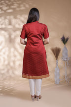 Red Self-Textured motifs design Straight Kurti with Gold Border, Sweetheart Neck and 3/4 Sleeves