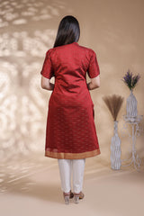 Red Self-Textured motifs design Straight Kurti with Gold Border, Sweetheart Neck and 3/4 Sleeves