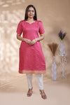 Pink Self-Textured motifs design Straight Kurti with Gold Border, Sweetheart Neck and 3/4 Sleeves