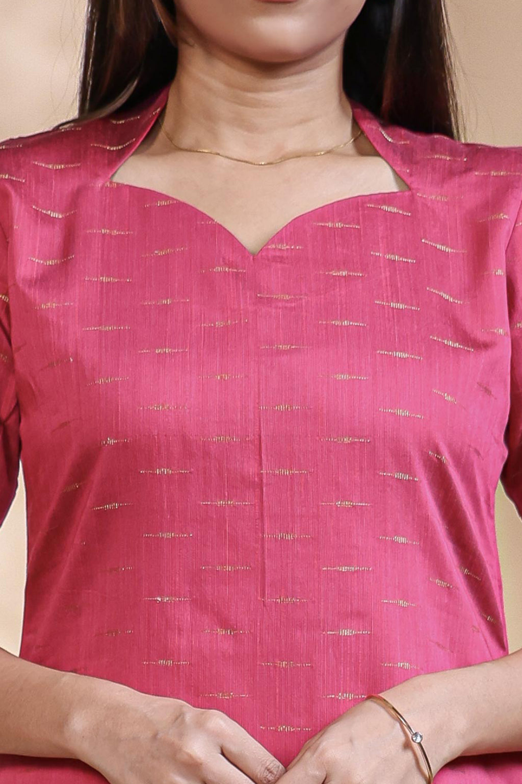 Pink Self-Textured motifs design Straight Kurti with Gold Border, Sweetheart Neck and 3/4 Sleeves