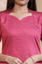 Pink Self-Textured motifs design Straight Kurti with Gold Border, Sweetheart Neck and 3/4 Sleeves