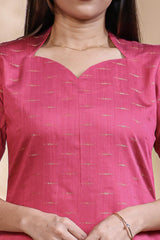 Pink Self-Textured motifs design Straight Kurti with Gold Border, Sweetheart Neck and 3/4 Sleeves