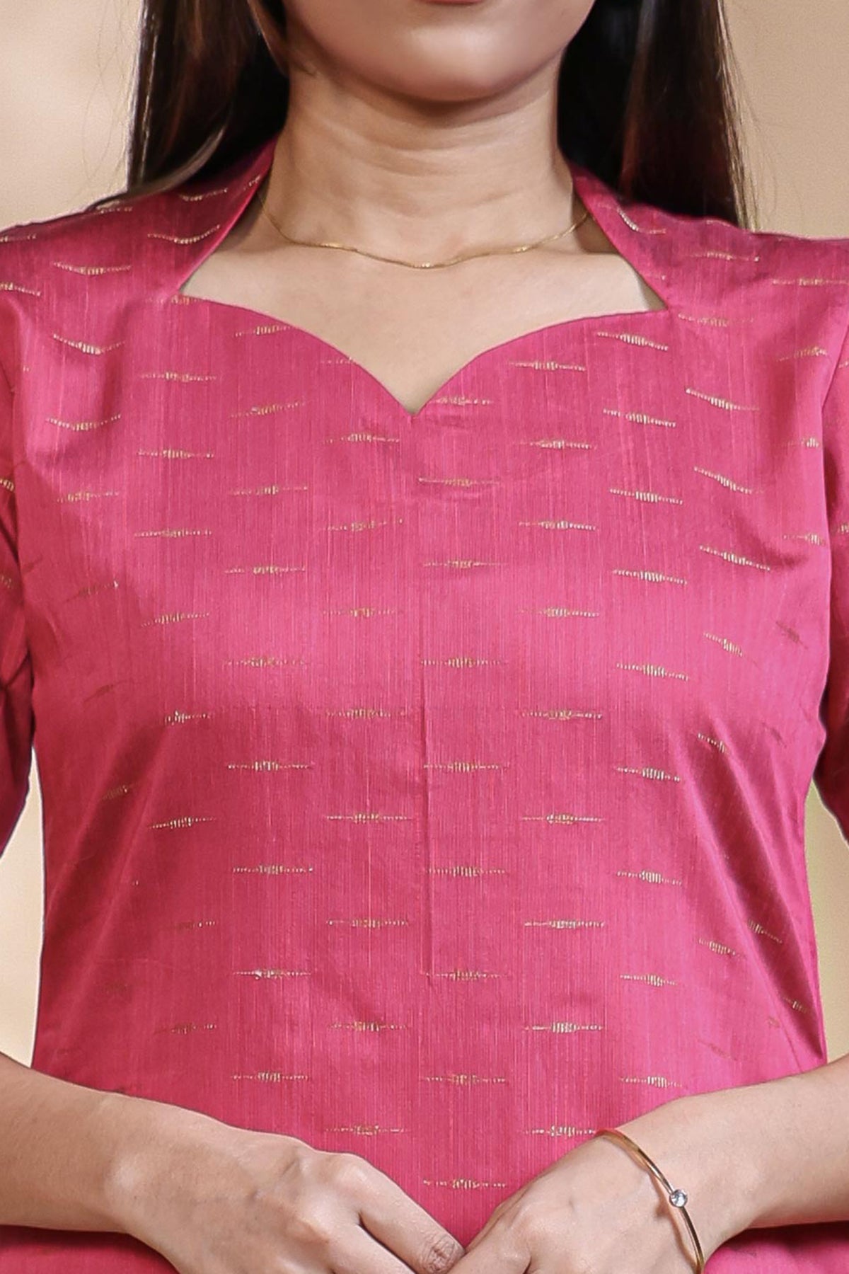Pink Self-Textured motifs design Straight Kurti with Gold Border, Sweetheart Neck and 3/4 Sleeves