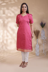 Pink Self-Textured motifs design Straight Kurti with Gold Border, Sweetheart Neck and 3/4 Sleeves