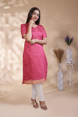 Pink Self-Textured motifs design Straight Kurti with Gold Border, Sweetheart Neck and 3/4 Sleeves