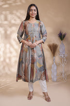 Grey abstract floral print Anarkali kutri with round neck and 3/4 slevee