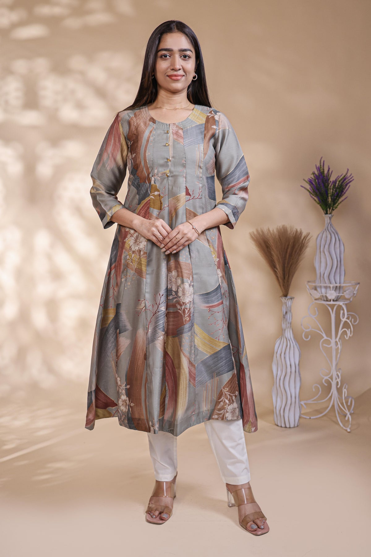 Grey abstract floral print Anarkali kutri with round neck and 3/4 slevee