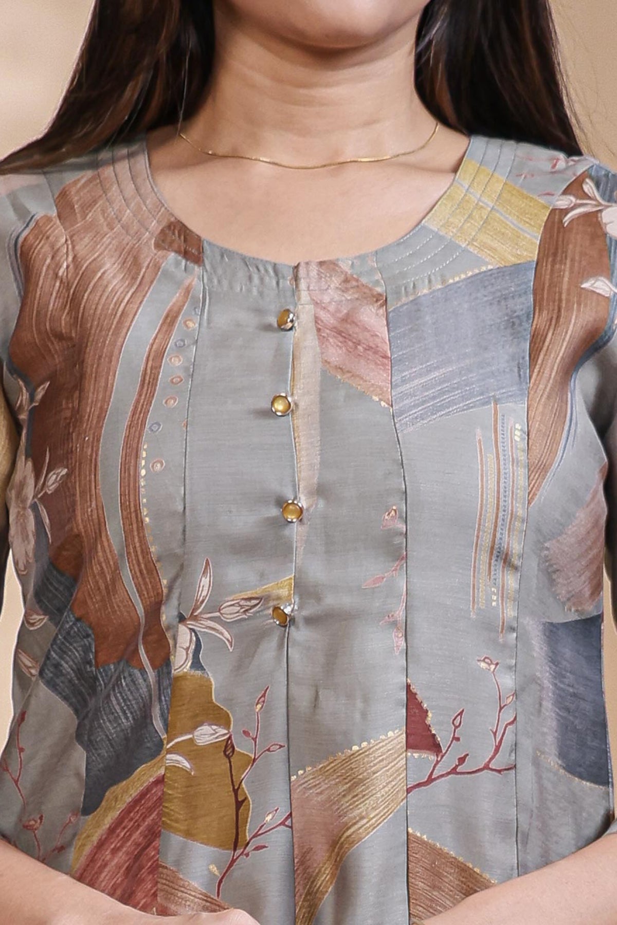 Grey abstract floral print Anarkali kutri with round neck and 3/4 slevee