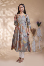 Grey abstract floral print Anarkali kutri with round neck and 3/4 slevee