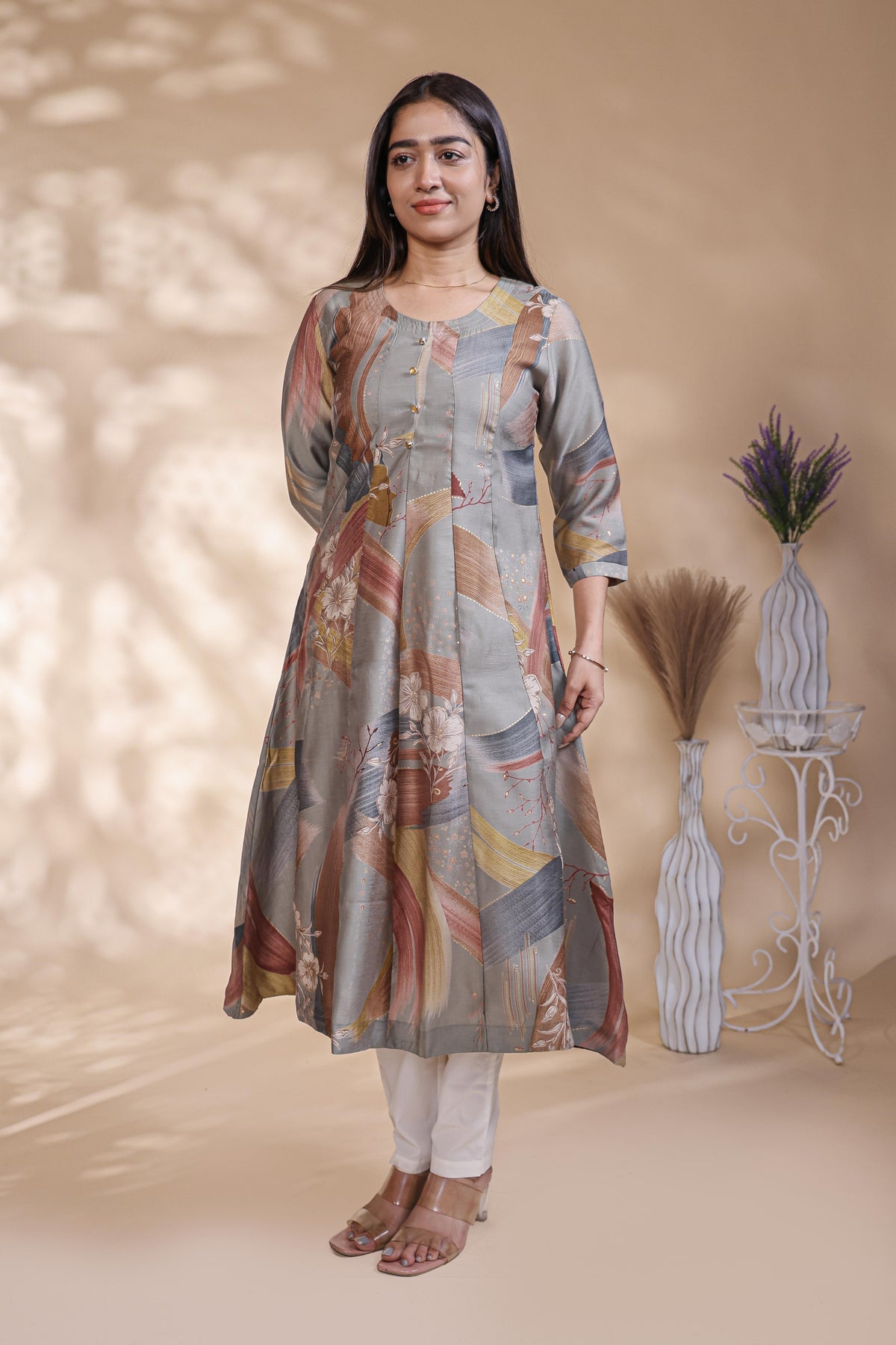 Grey abstract floral print Anarkali kutri with round neck and 3/4 slevee