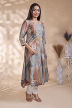 Grey abstract floral print Anarkali kutri with round neck and 3/4 slevee