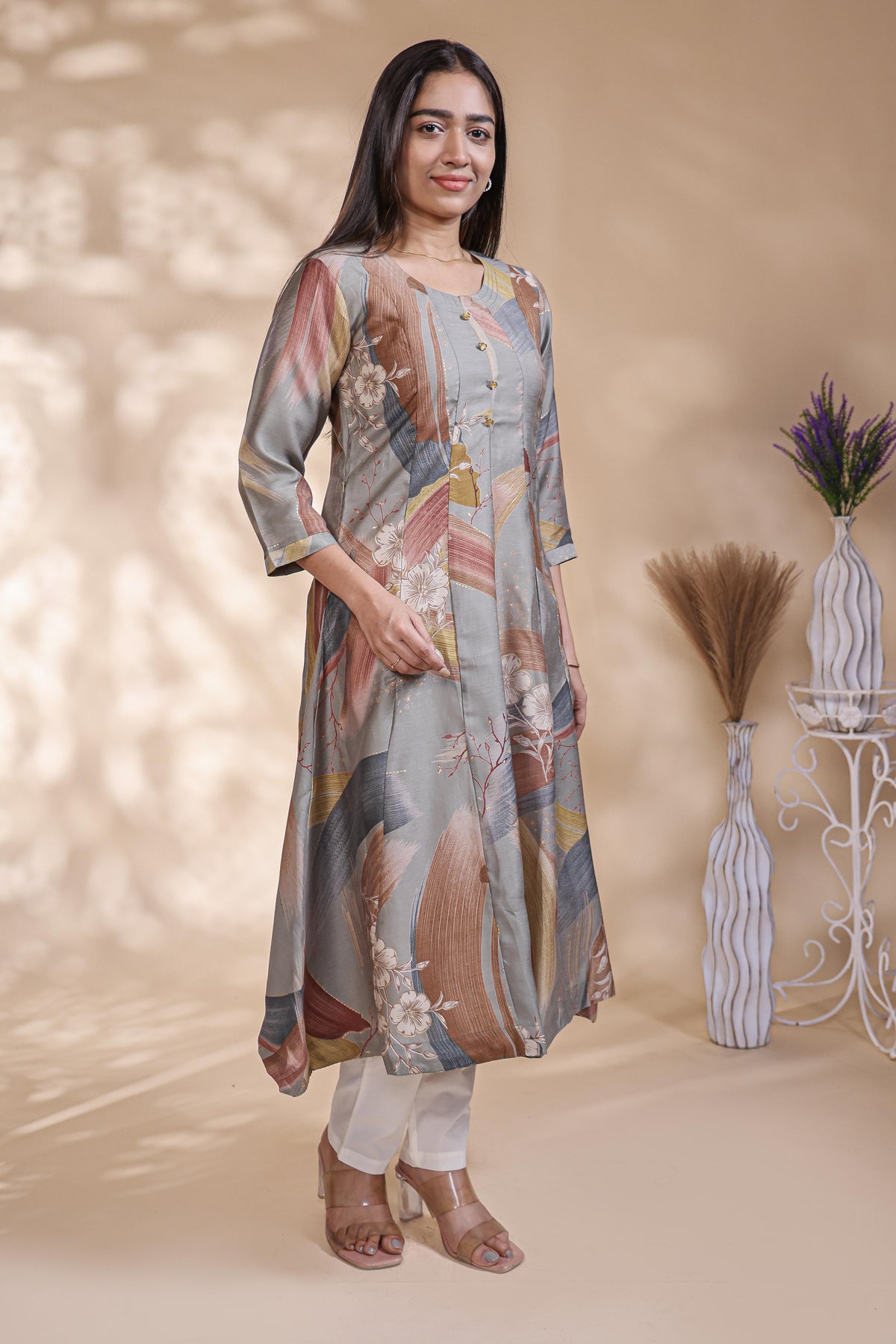 Grey abstract floral print Anarkali kutri with round neck and 3/4 slevee