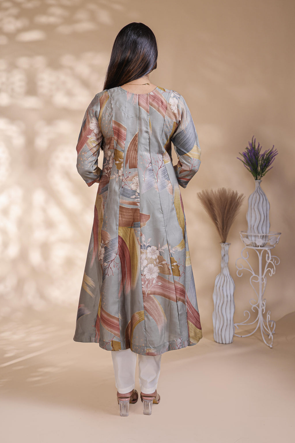 Grey abstract floral print Anarkali kutri with round neck and 3/4 slevee