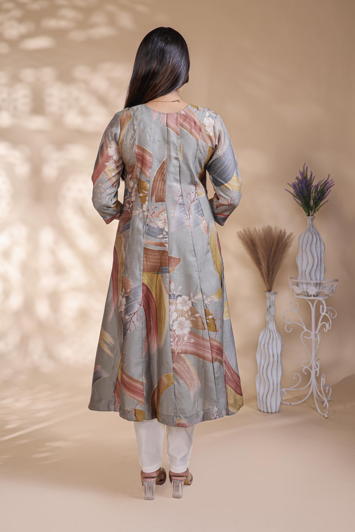 Grey abstract floral print Anarkali kutri with round neck and 3/4 slevee