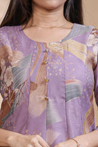 Lavender abstract floral print Anarkali kutri with round neck and 3/4 slevee