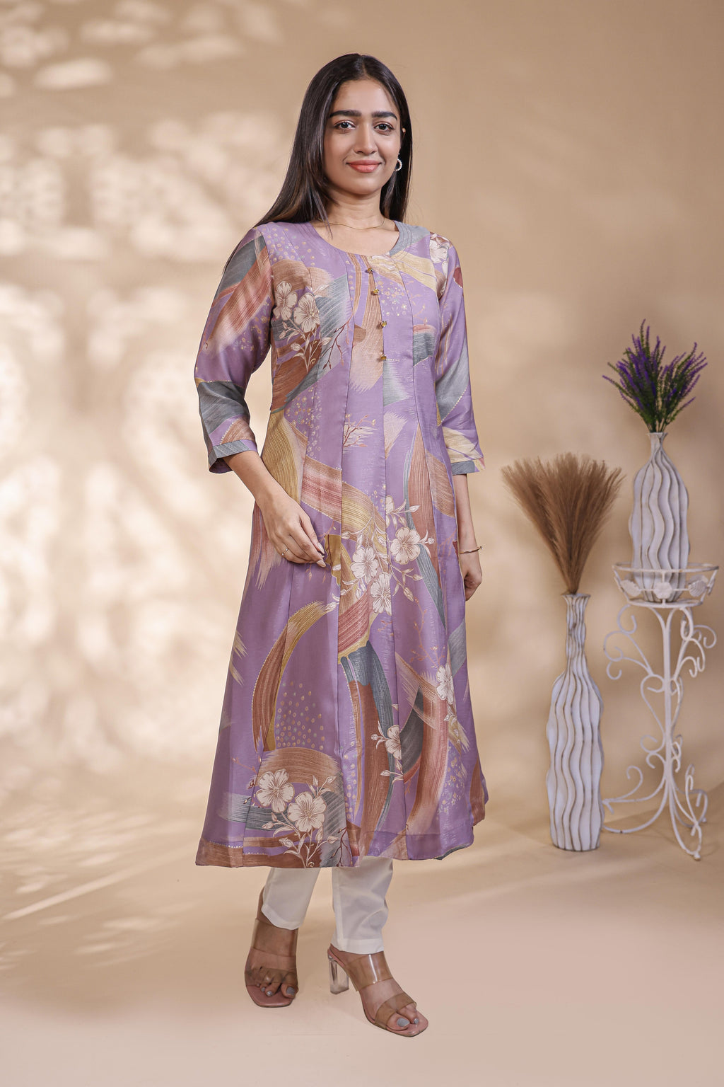 Lavender abstract floral print Anarkali kutri with round neck and 3/4 slevee