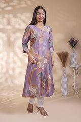 Lavender abstract floral print Anarkali kutri with round neck and 3/4 slevee