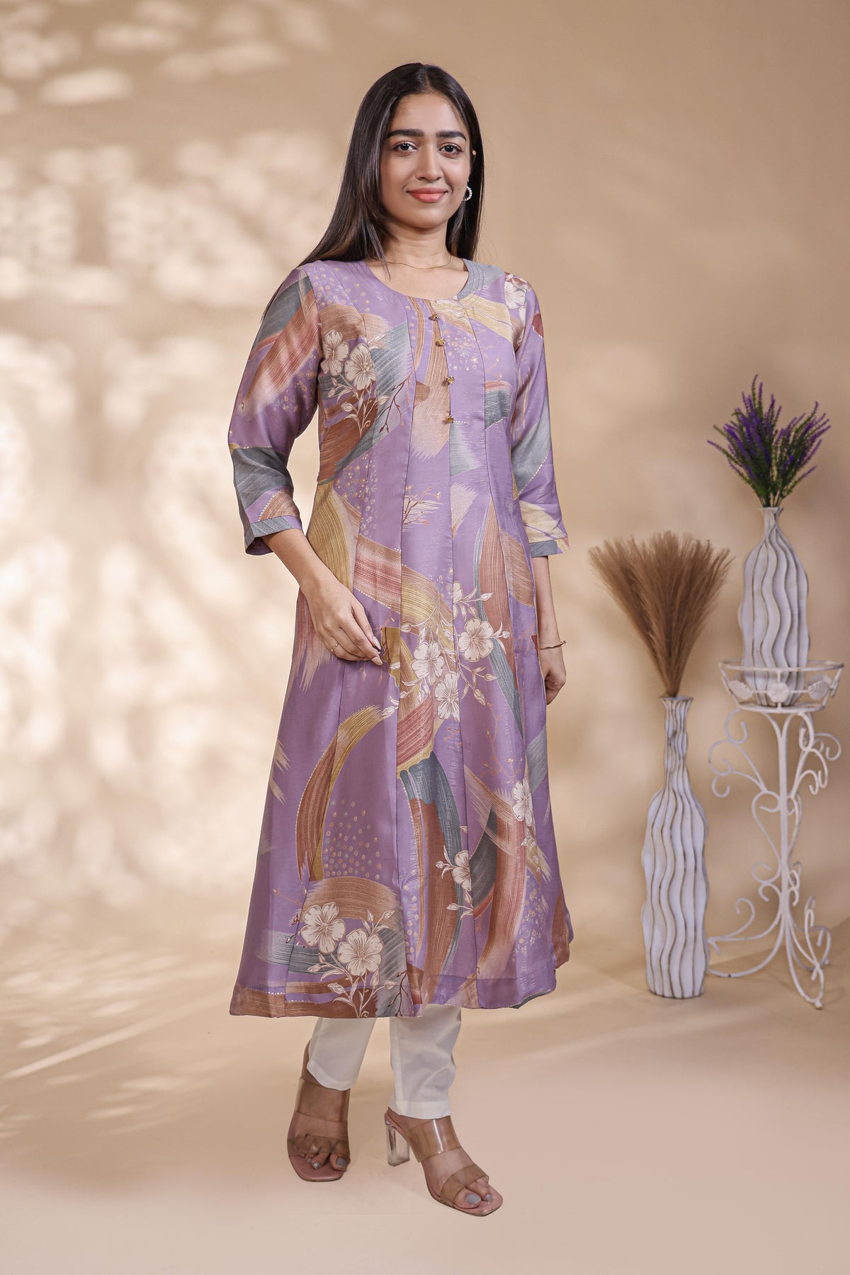 Lavender abstract floral print Anarkali kutri with round neck and 3/4 slevee