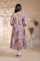 Lavender abstract floral print Anarkali kutri with round neck and 3/4 slevee