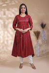 Maroon abstract floral print Anarkali kutri with round neck and 3/4 slevee