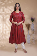 Maroon abstract floral print Anarkali kutri with round neck and 3/4 slevee