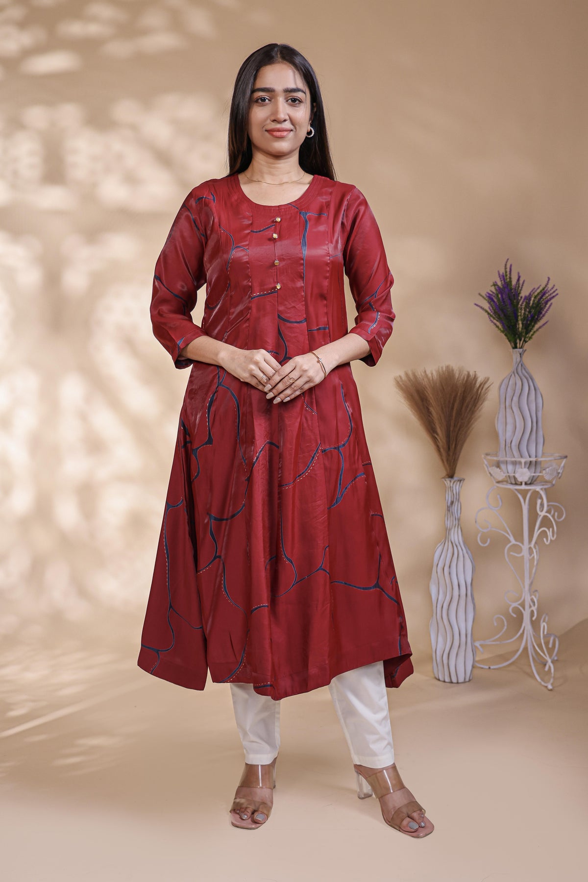 Maroon abstract floral print Anarkali kutri with round neck and 3/4 slevee