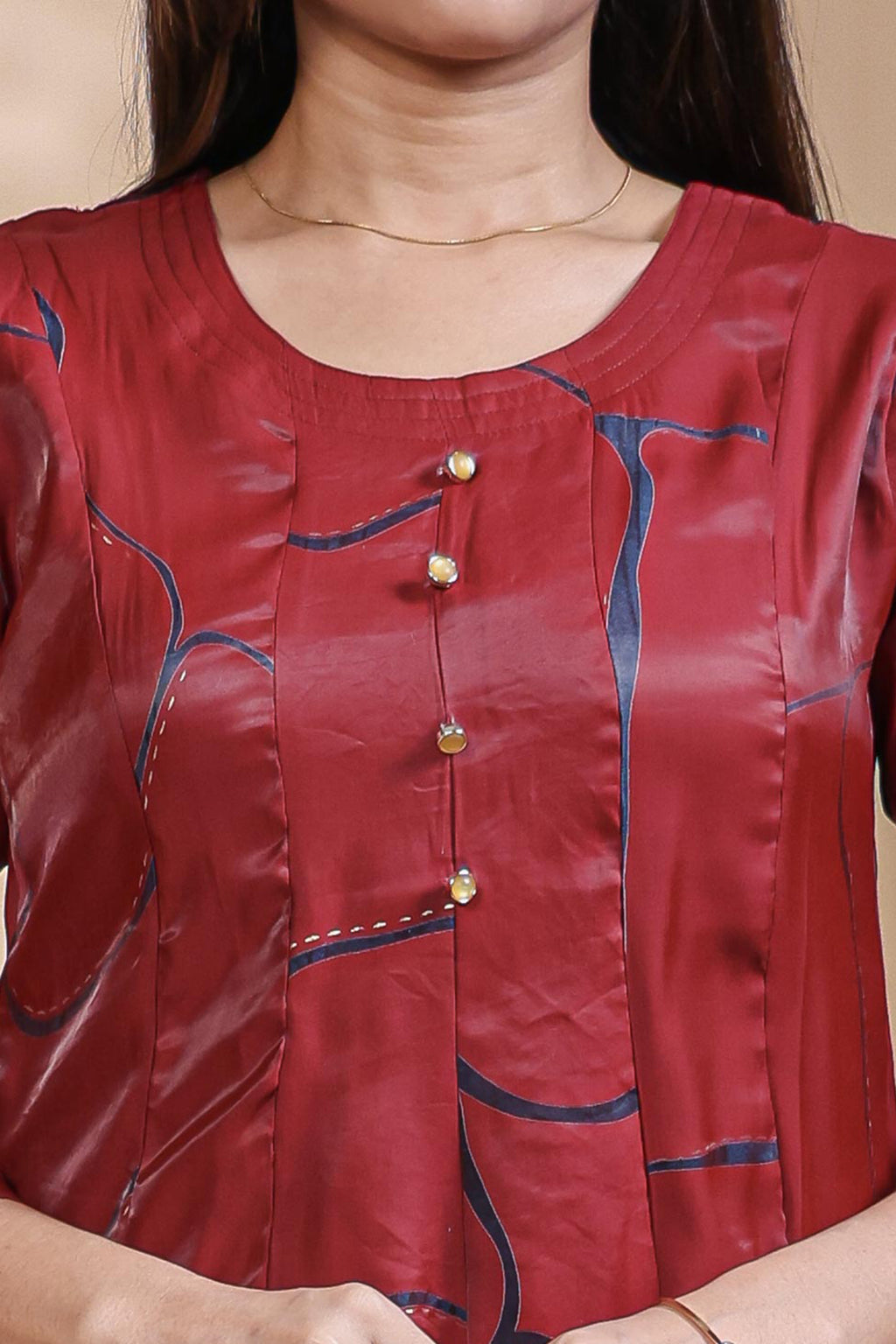 Maroon abstract floral print Anarkali kutri with round neck and 3/4 slevee