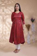 Maroon abstract floral print Anarkali kutri with round neck and 3/4 slevee