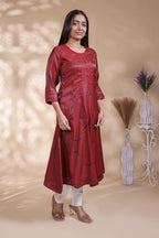 Maroon abstract floral print Anarkali kutri with round neck and 3/4 slevee