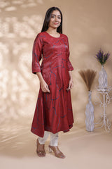Maroon abstract floral print Anarkali kutri with round neck and 3/4 slevee