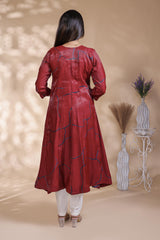 Maroon abstract floral print Anarkali kutri with round neck and 3/4 slevee