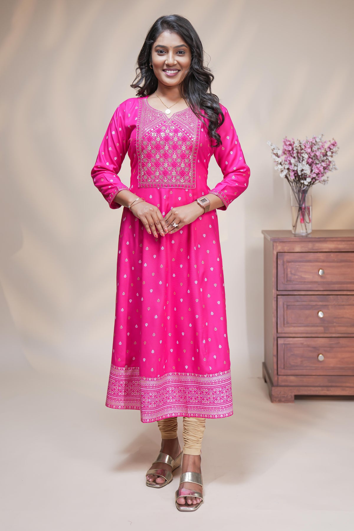 Pink straight anarkali kurti with embroidered yoke, ethnic motifs and 3/4 sleeves