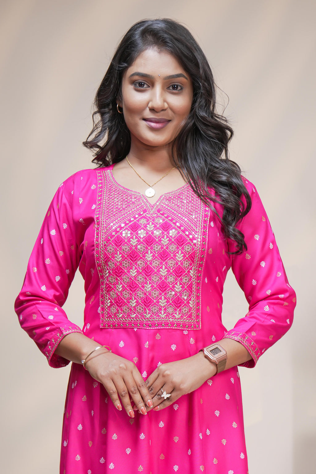 Pink straight anarkali kurti with embroidered yoke, ethnic motifs and 3/4 sleeves