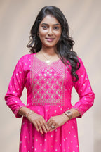 Pink straight anarkali kurti with embroidered yoke, ethnic motifs and 3/4 sleeves