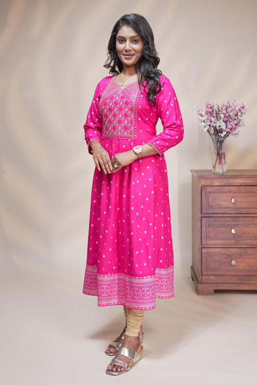 Pink straight anarkali kurti with embroidered yoke, ethnic motifs and 3/4 sleeves