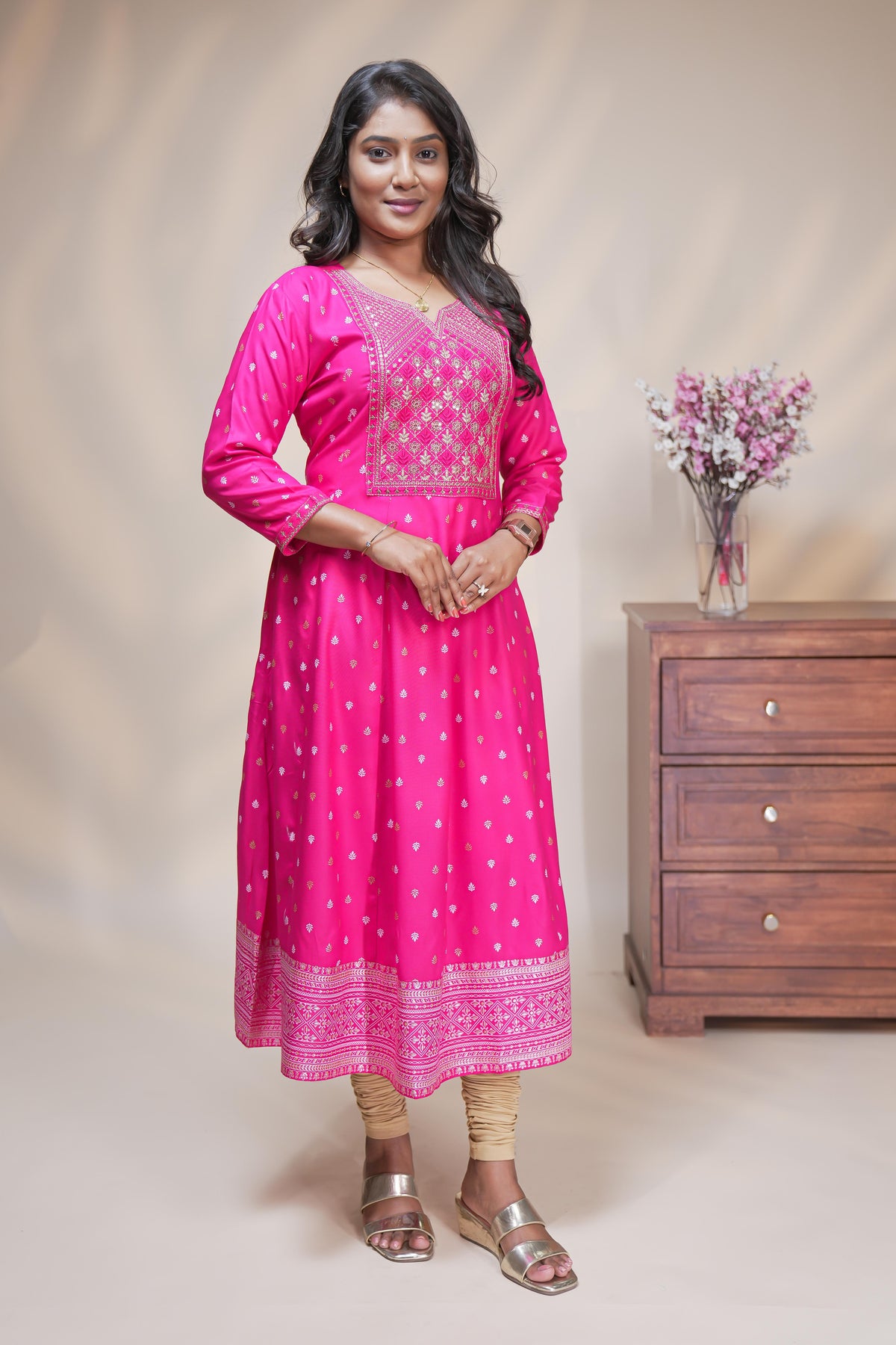 Pink straight anarkali kurti with embroidered yoke, ethnic motifs and 3/4 sleeves